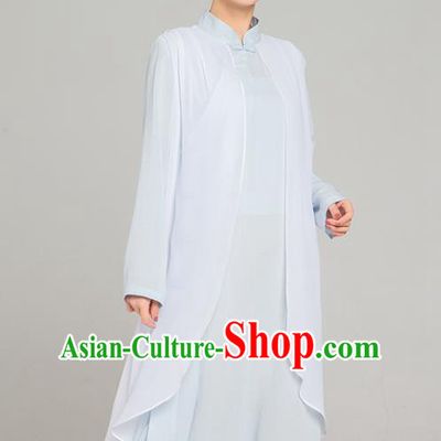 Asian Chinese Traditional Tang Suit Chiffon Cloak Light Blue Dress Martial Arts Costumes China Kung Fu Garment for Women