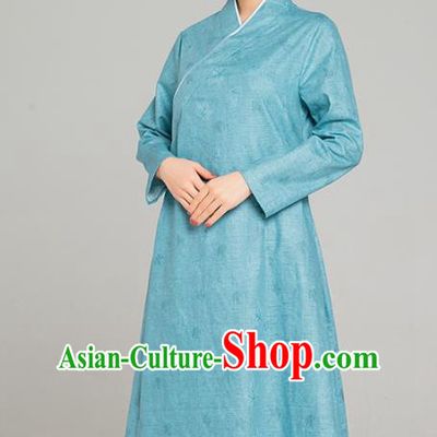 Asian Chinese Traditional Jacquard Maple Leaf Teal Flax Dress Martial Arts Costumes China Kung Fu Robe Garment for Women