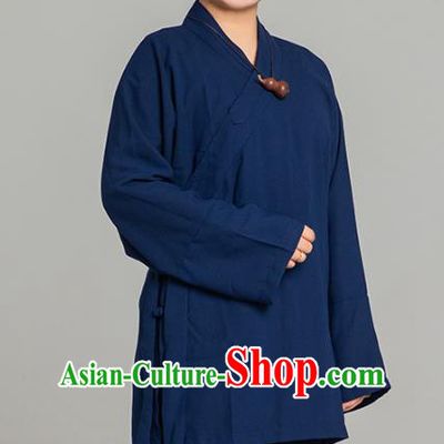Asian Chinese Traditional Taoist Nun Navy Flax Blouse and Pants Martial Arts Costumes China Kung Fu Garment Outfits for Women