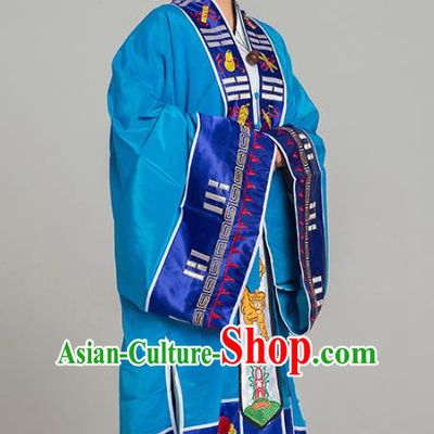 Traditional Chinese Taoist Nun Blue Koshibo Priest Frock Martial Arts Costumes China Taoism Tai Chi Garment Embroidered Pagoda Gown for Women