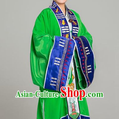 Traditional Chinese Taoist Nun Green Koshibo Priest Frock Martial Arts Costumes China Taoism Tai Chi Garment Embroidered Pagoda Gown for Women