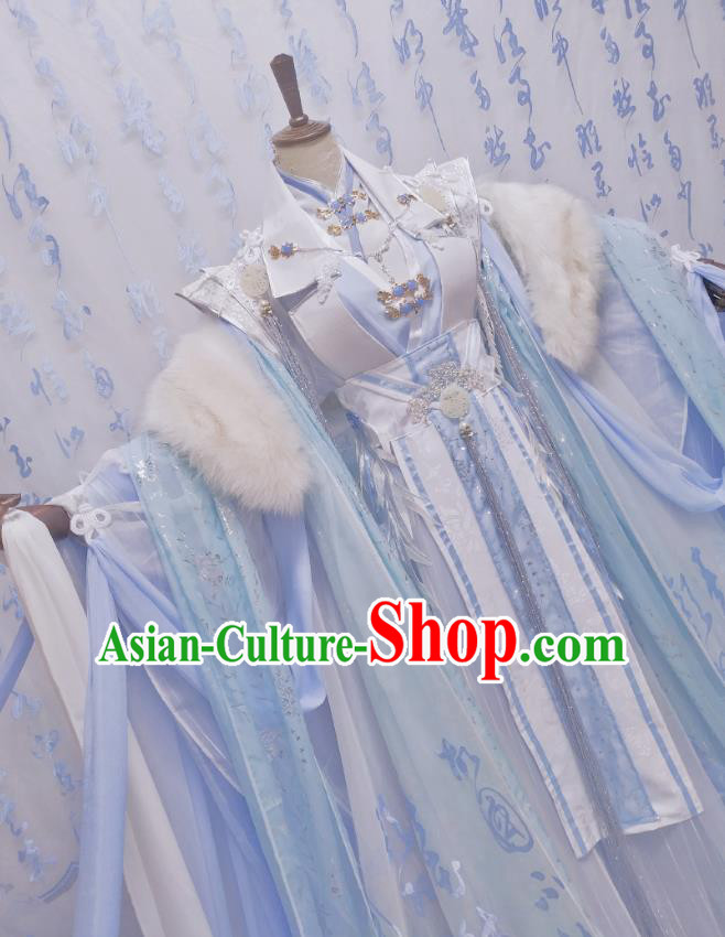 Chinese Traditional Cosplay Blue Hanfu Dress Costumes Ancient Princess Apparels for Women