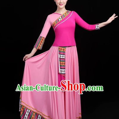 Traditional Chinese Folk Dance Costumes Stage Show Garment Pink Dress for Women