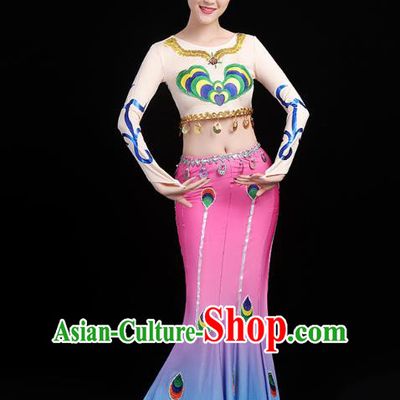 Chinese Traditional Dai Ethnic Dance Costumes Folk Dance Apparels Minority Peacock Dance Blouse and Skirt for Women