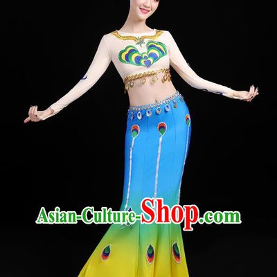 Chinese Traditional Dai Ethnic Dance Costumes Folk Dance Apparels Minority Peacock Dance Blouse and Blue Skirt for Women