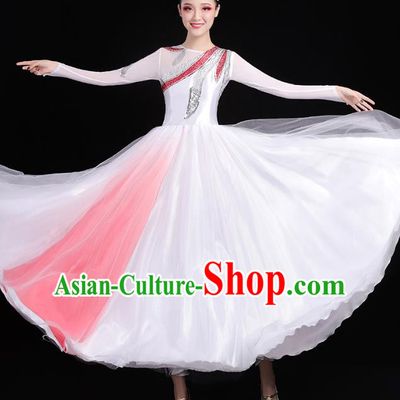 Traditional Chinese Modern Dance Costumes Opening Dance Stage Show Garment Chorus Group White Veil Dress for Women