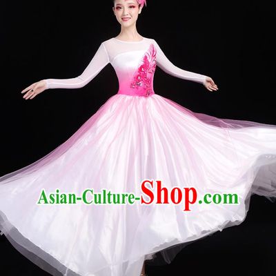 Traditional Chinese Opening Dance Costumes Stage Show Modern Dance Garment Chorus Group Pink Veil Dress and Headpiece for Women