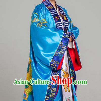 Traditional Chinese Embroidered Blue Silk Gown Priest Frock Martial Arts Costumes China Taoism Taoist Nun Tai Chi Garment for Women