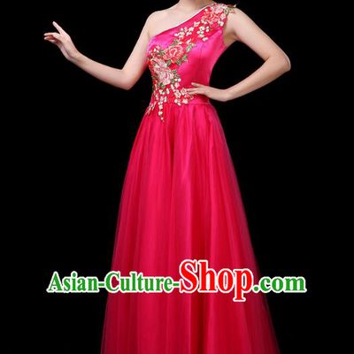 Traditional Chinese Chorus Costumes Stage Show Modern Dance Garment Opening Dance Rosy Single Shoulder Dress for Women