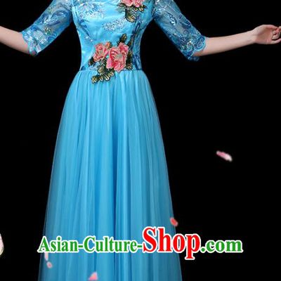 Traditional Chinese Chorus Costumes Stage Show Modern Dance Garment Opening Dance Blue Veil Dress for Women