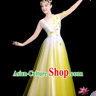 Traditional Chinese Jasmine Flower Dance Costumes Stage Show Modern Dance Garment Opening Dance Yellow Veil Dress and Headwear for Women