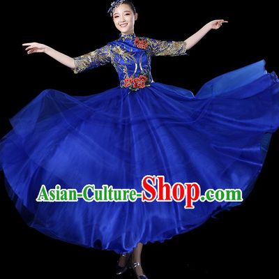 Traditional Chinese Opening Dance Costumes Stage Show Modern Dance Garment Folk Dance Royalblue Dress for Women