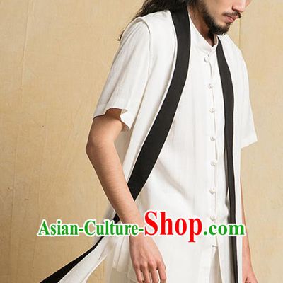 Top Grade Chinese Taoist Uniforms Kung Fu Martial Arts Competition Costume Shaolin Gongfu White Flax Cape Blouse and Pants for Men