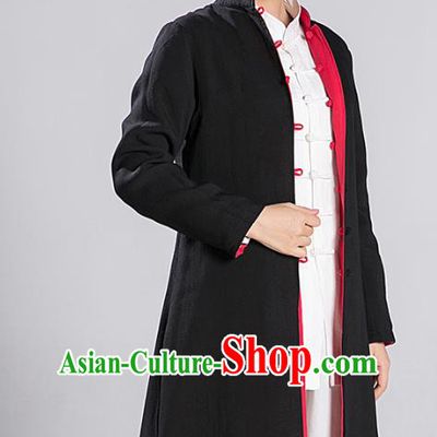 Traditional Chinese Tang Suit Reversible Dust Coat Costumes China Martial Arts Flax Garment Black and Red Overcoat for Women