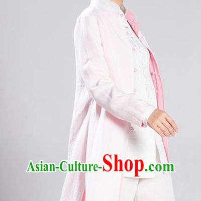 Traditional Chinese Tang Suit Reversible Dust Coat Costumes China Martial Arts Flax Garment White and Pink Overcoat for Women