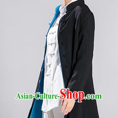 Traditional Chinese Tang Suit Reversible Dust Coat Costumes China Martial Arts Flax Garment Black and Blue Overcoat for Women