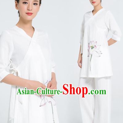 Professional Chinese Hand Painting Lotus White Flax Blouse and Pants Kung Fu Costumes Tai Chi Training Garment Outfits for Women