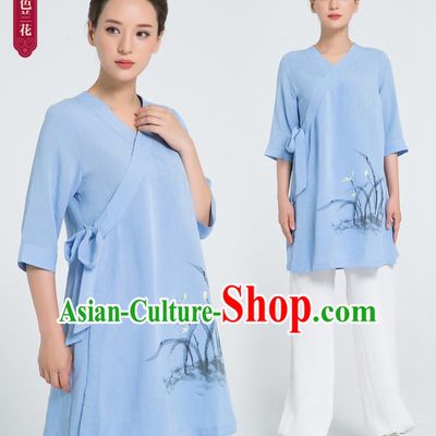 Professional Chinese Hand Painting Orchid Blue Flax Blouse and Pants Kung Fu Costumes Tai Chi Training Garment Outfits for Women