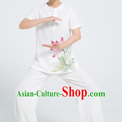 Professional Chinese Tai Chi Hand Painting Lotus White Flax Blouse and Pants Costumes Kung Fu Training Garment Martial Arts Outfits for Women