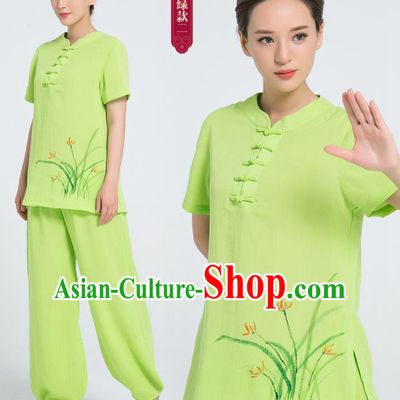 Professional Chinese Tai Chi Hand Painting Orchid Green Flax Blouse and Pants Costumes Kung Fu Training Garment Martial Arts Outfits for Women