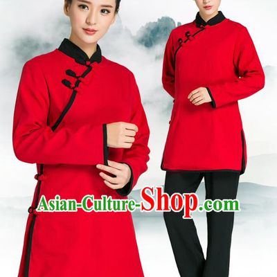 Professional Chinese Tang Suit Red Blouse and Black Pants Costumes Kung Fu Garment Tai Chi Training Outfits for Women