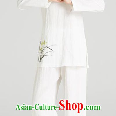 Professional Chinese Hand Painting Orchid Outfits Costumes Kung Fu Garment Traditional Wudang Tai Chi Training White Flax Blouse and Pants for Women
