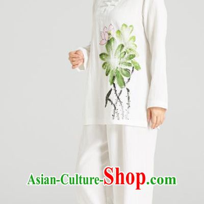 Professional Chinese Hand Painting Lotus Outfits Costumes Kung Fu Garment Traditional Wudang Tai Chi Training White Flax Blouse and Pants for Women