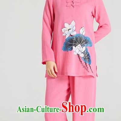 Professional Chinese Hand Painting Lotus Outfits Costumes Kung Fu Garment Traditional Wudang Tai Chi Training Pink Flax Blouse and Pants for Women