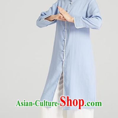 Professional Chinese Kung Fu Garment Wudang Tai Chi Training Outfits Traditional Blue Linen Blouse and Pants Costumes for Women
