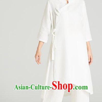 Professional Chinese Wudang Tai Chi Training Outfits Traditional White Flax Blouse and Pants Costumes Kung Fu Garment for Women