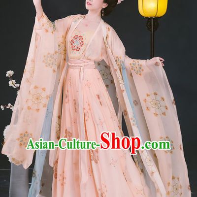 Traditional Chinese Tang Dynasty Imperial Concubine Historical Costumes Ancient Noble Woman Hanfu Garment Pink Cloak Blouse Camisole and Skirt Full Set