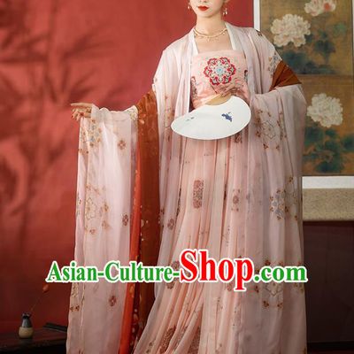 Traditional Chinese Tang Dynasty Historical Costumes Ancient Court Female Hanfu Garment Pink Chiffon Cloak Blouse and Dress Complete Set