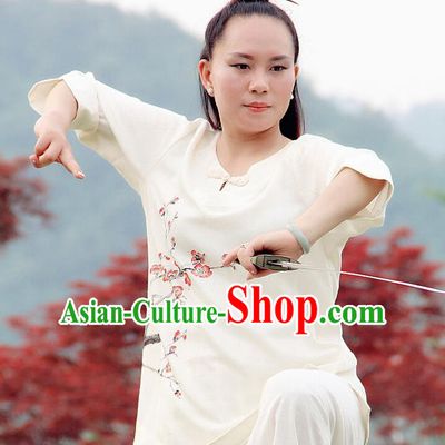 Professional Chinese Traditional Hand Painting Plum Flax Blouse and Pants Costumes Kung Fu Garment Wudang Tai Chi Training Outfits for Women