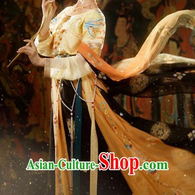 Chinese Ancient Tang Dynasty Flying Apsaras Goddess Hanfu Embroidered Half Sleeved Garment Blouse and Skirt Historical Costumes Full Set