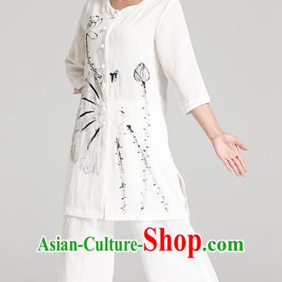 Professional Chinese Traditional Hand Painting Lotus Flax Blouse and Pants Costumes Kung Fu Garment Wudang Tai Chi Training Outfits for Women
