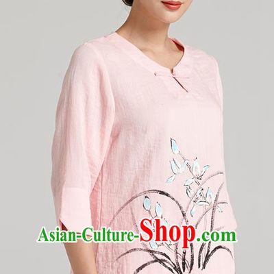 Professional Chinese Traditional Hand Painting Orchid Pink Flax Blouse and Pants Costumes Kung Fu Garment Wudang Tai Chi Training Outfits for Women