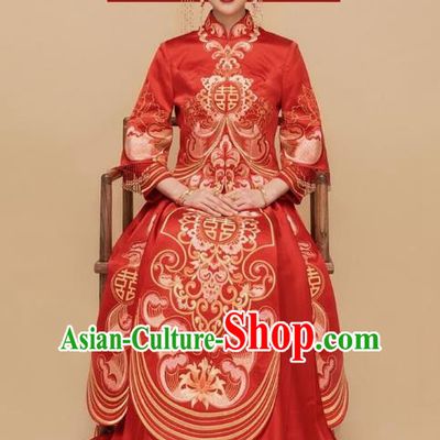 Chinese Traditional Wedding Bride Xiuhe Suits Apparels Embroidered Red Blouse and Dress Costumes for Women