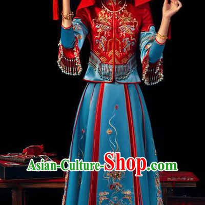 Chinese Traditional Wedding Bride Xiuhe Suits Apparels Embroidered Red Blouse and Blue Dress Costumes for Women