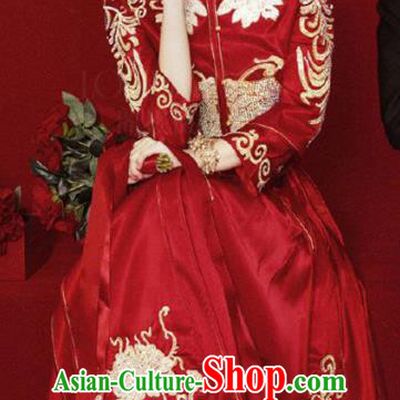 Chinese Traditional Wedding Apparels Embroidered Red Blouse and Dress Costumes Bride Xiuhe Suits for Women