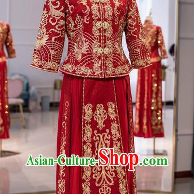 Chinese Traditional Wedding Apparels Embroidered Red Blouse and Dress Costumes Bride Drilling Xiuhe Suits for Women