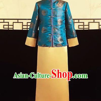 Top Chinese Traditional Wedding Costume Ancient Bridegroom Clothing Tang Suit Blue Mandarin Jacket and Golden Gown for Men