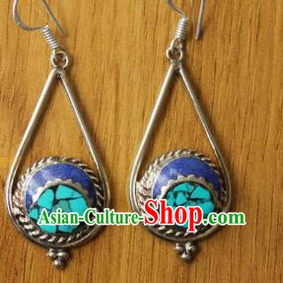 Chinese Traditional Tibetan Nationality Dance Ear Accessories Handmade Decoration Zang Ethnic Dance Blue Earrings for Women