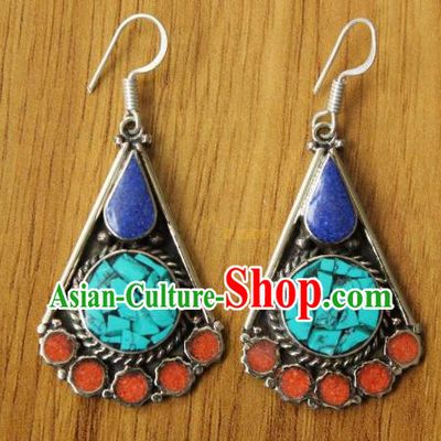 Chinese Traditional Tibetan Nationality Ear Accessories Handmade Decoration Zang Ethnic Dance Blue Earrings for Women
