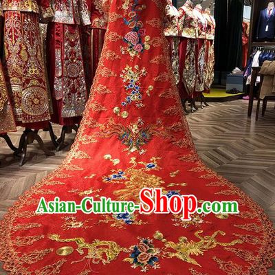 Chinese Traditional Bride Embroidered Red Cape Apparels Costumes Wedding Xiuhe Suits Trailing Four Meter Cloak for Women
