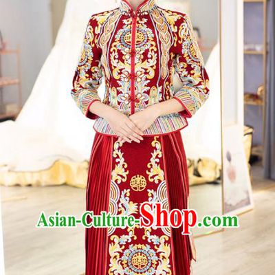 Chinese Traditional Bride Embroidered Red Apparels Blouse and Dress Costumes Wedding Xiuhe Suits for Women