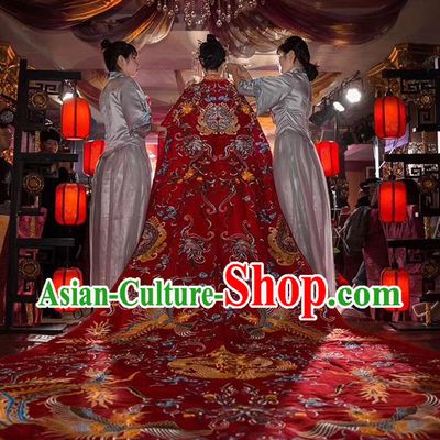 Chinese Traditional Bride Embroidered Long Trailing Three Meter Red Cape Apparels Costumes Wedding Xiuhe Suits Cloak for Women