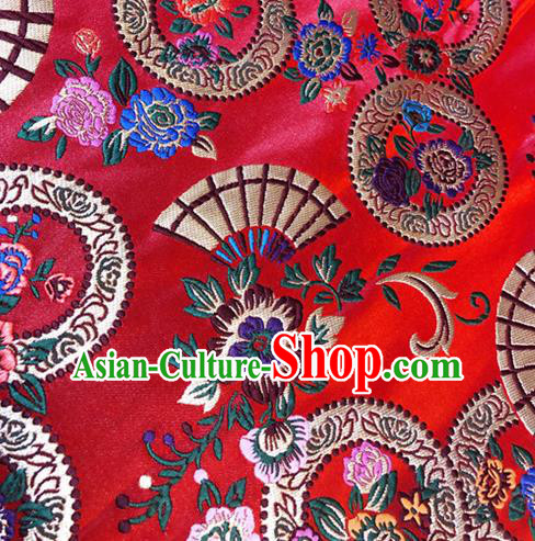 Asian Chinese Traditional Fan Flowers Pattern Design Red Brocade Fabric Cheongsam Silk Tapestry Material Asian Chinese Traditional Fan Flowers Pattern Design Red Brocade Fabric Cheongsam Silk Tapestry Material