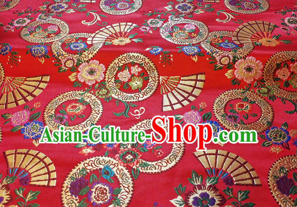 Asian Chinese Traditional Fan Flowers Pattern Design Red Brocade Fabric Cheongsam Silk Tapestry Material Asian Chinese Traditional Fan Flowers Pattern Design Red Brocade Fabric Cheongsam Silk Tapestry Material