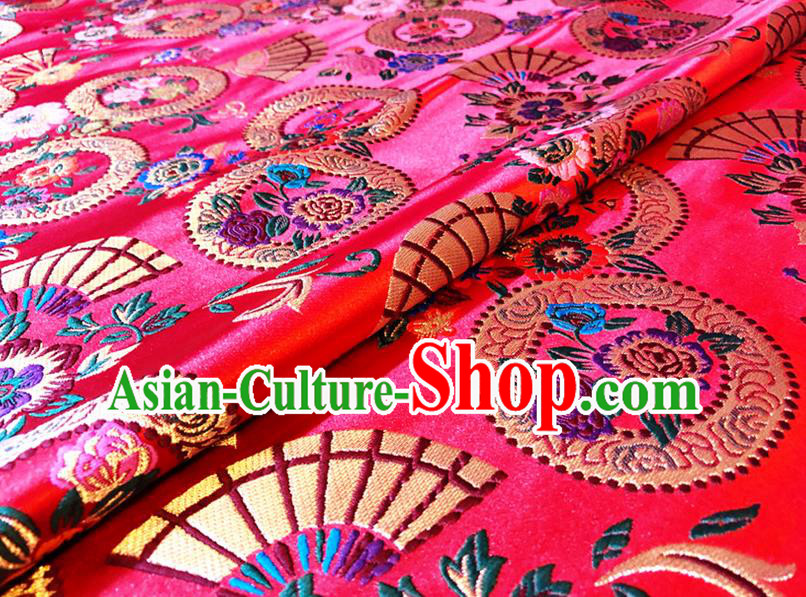 Asian Chinese Traditional Fan Flowers Pattern Design Red Brocade Fabric Cheongsam Silk Tapestry Material Asian Chinese Traditional Fan Flowers Pattern Design Red Brocade Fabric Cheongsam Silk Tapestry Material