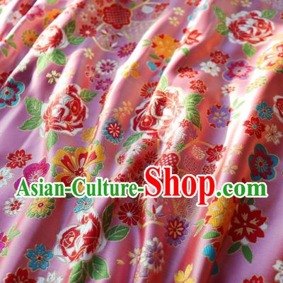Japanese Traditional Rose Flowers Pattern Design Pink Brocade Fabric Nishijin Silk Traditional Asian Yamato Kimono Tapestry Satin Material